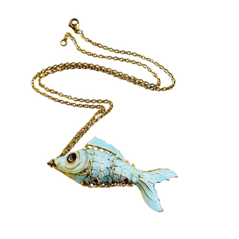 Cloisonne Koi Fish Articulated Charm Pendant Vtg Enamel Gold Plated Necklace 20"